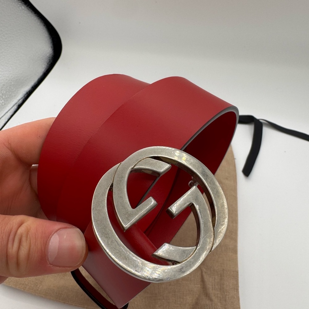Gucci Red Leather Belt with Silver Buckle